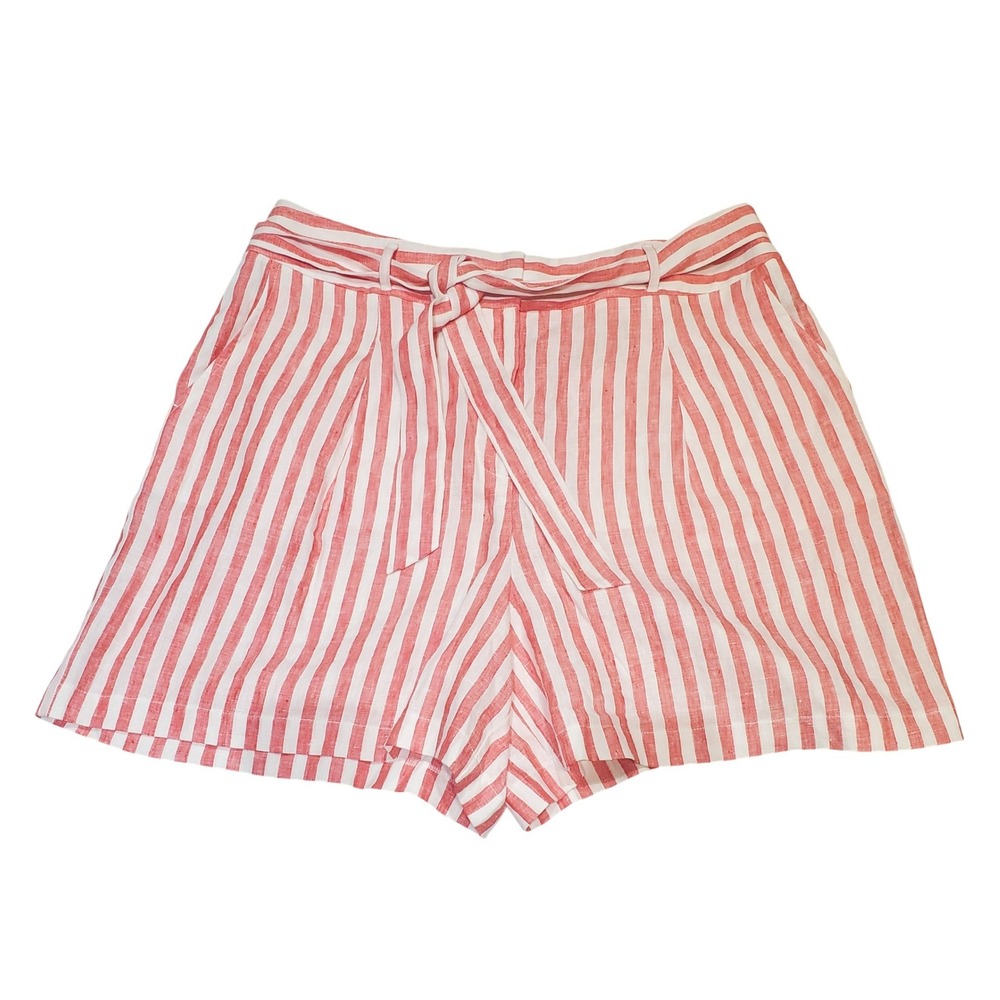 Boden Women's Sz 14 High Waisted Alma Belted 100% Linen Shorts Red White Striped